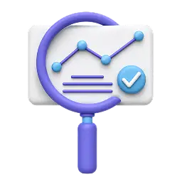 E loupe analysant un tableau de bord avec un graphique et un symbole de validation