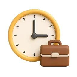 Icône 3D représentant une horloge et une mallette symbolisant le travail flexible et l'autonomie.