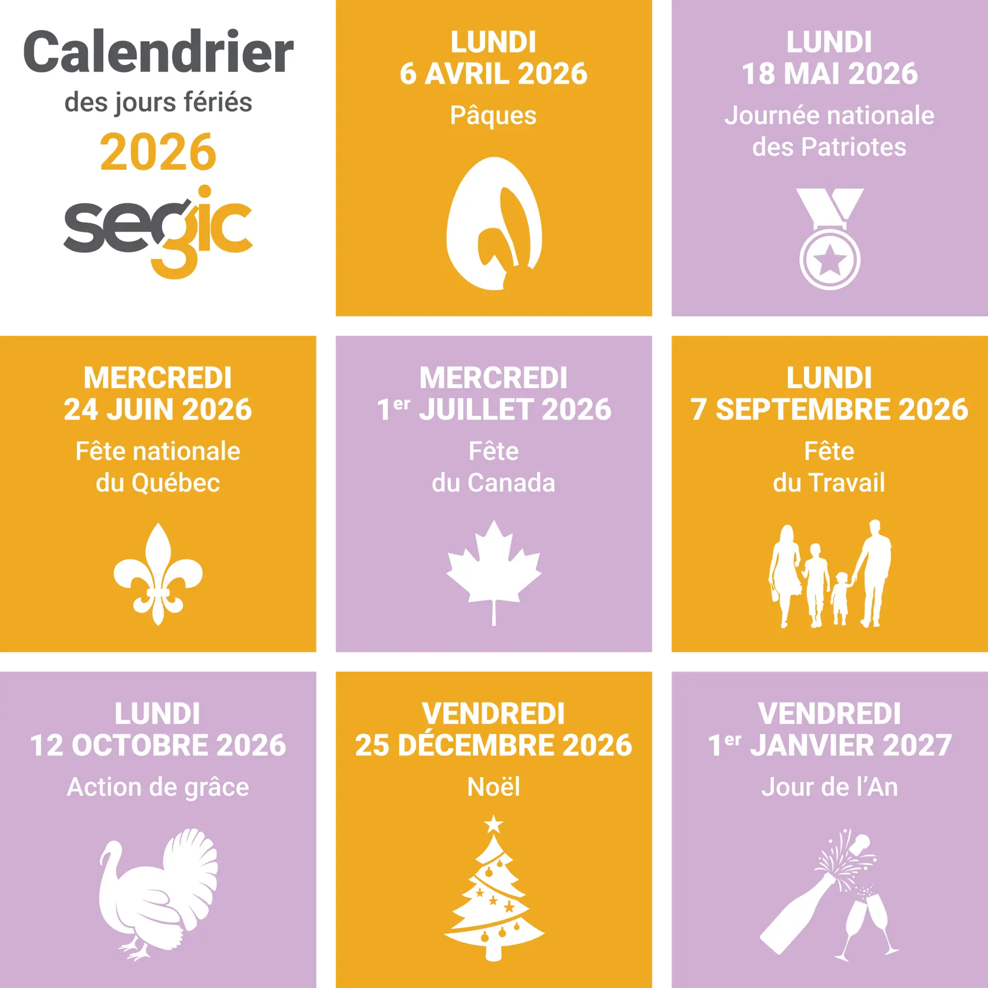 Calendrier des jours fériés Segic 2026 : Jour de l’an, Pâques le 6 avril, Journée nationale