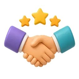 E poignée de main surmontée de trois étoiles, symbolisant un service personnalisé, une relation