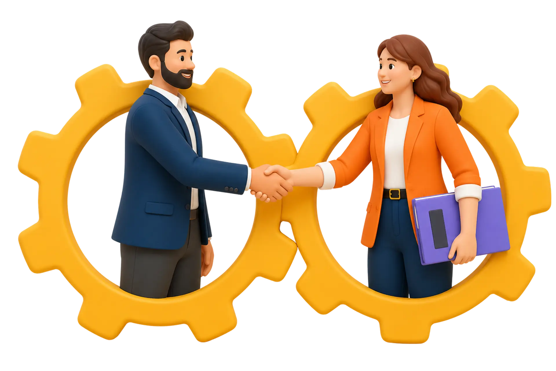 Deux partenaires se serrant la main à travers des engrenages, illustrant la collaboration