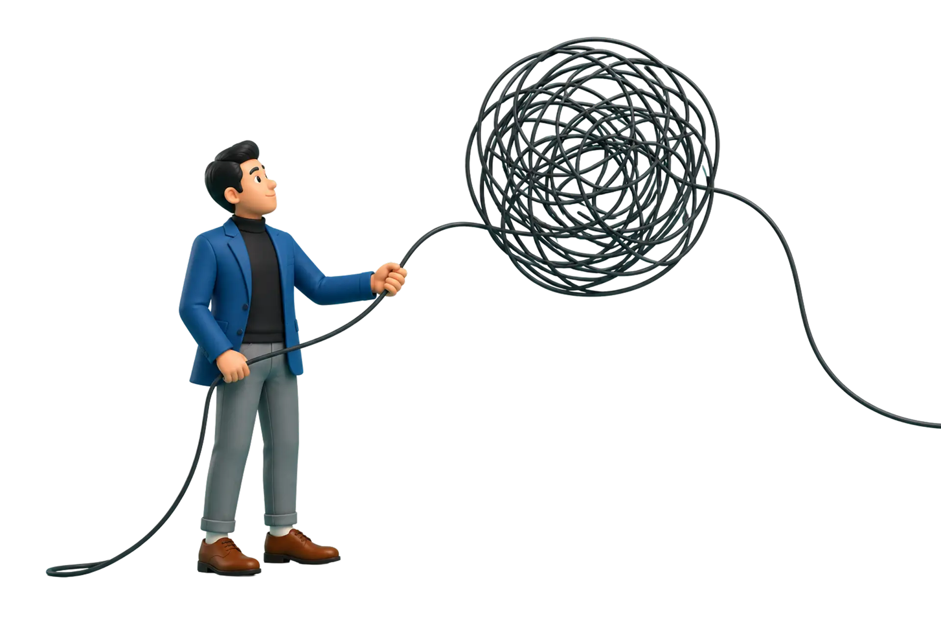 Utilisateur simplifiant un système complexe en démêlant un enchevêtrement de câbles, symbole