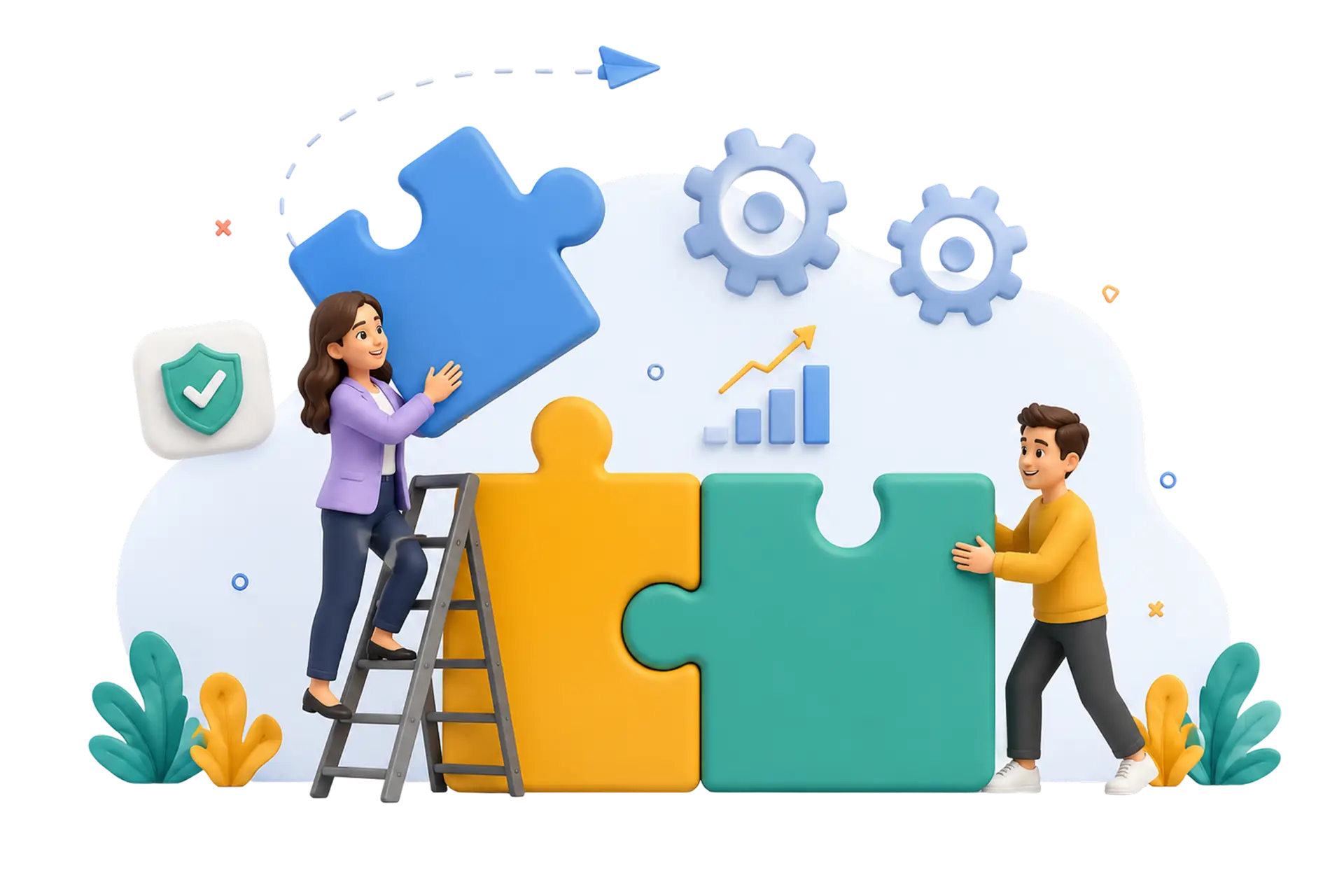 Deux collaborateurs assemblant des pièces de puzzle, illustrant des services modulaires adaptés