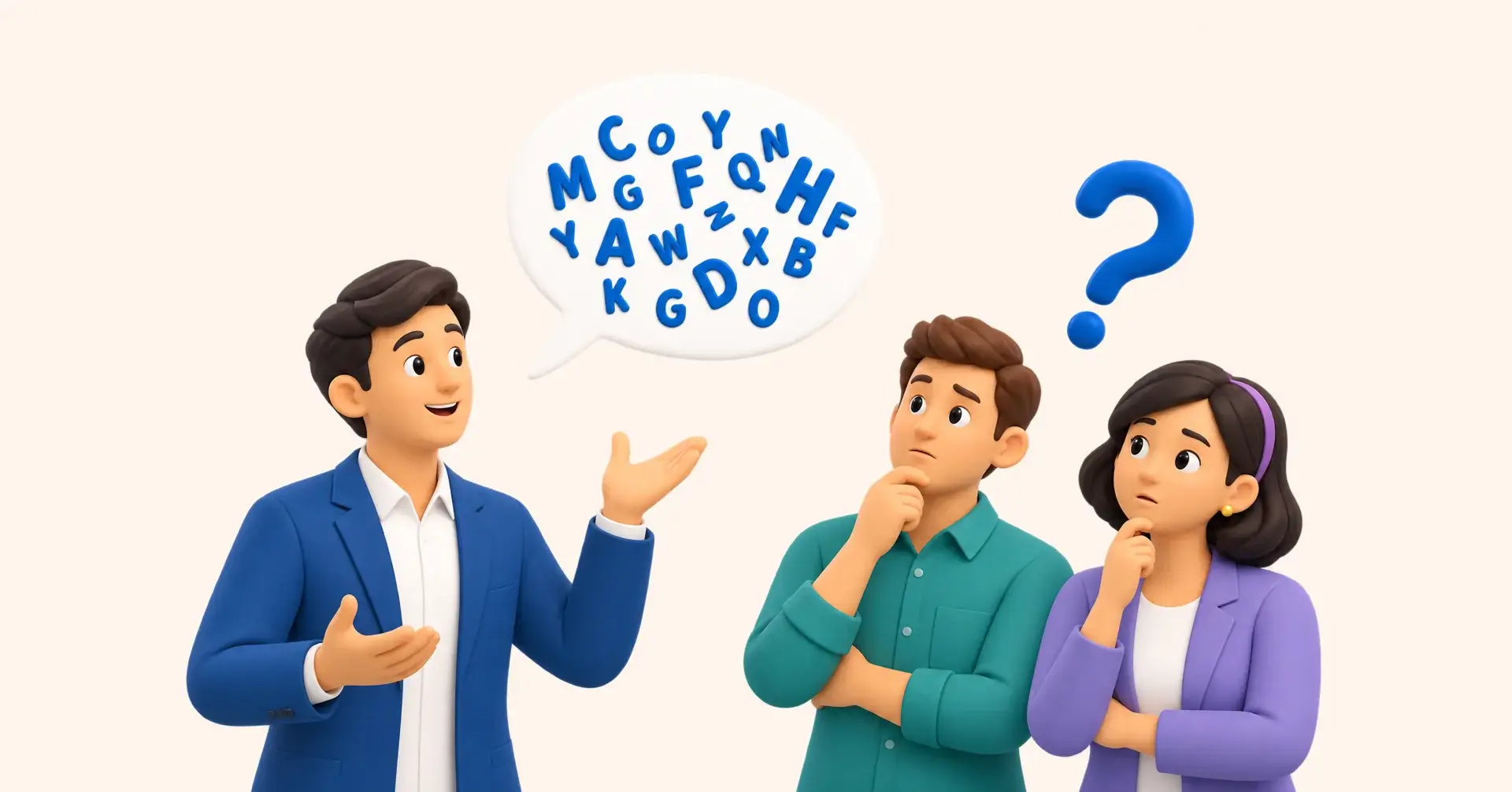 Gestionnaire expliquant un régime en jargon incompréhensible à deux employés perplexes