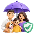 A family and their dog sheltered under an umbrella, with a protection shield