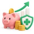A piggy bank surrounded by coins, with a growth arrow