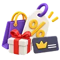 Shopping bags, a percentage tag, a gift box and a membership card