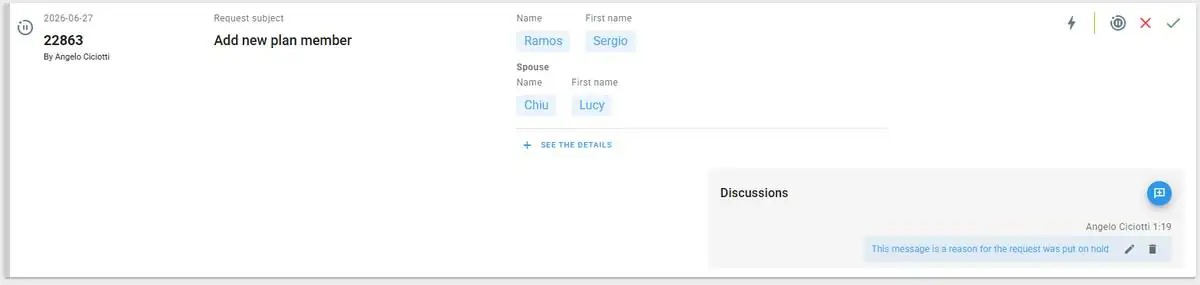 Change request on hold in the admin view, with the hold reason in Discussions