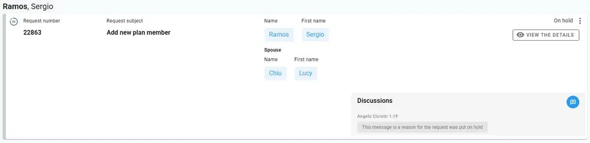 Change request on hold in the client portal, with the hold reason in Discussions