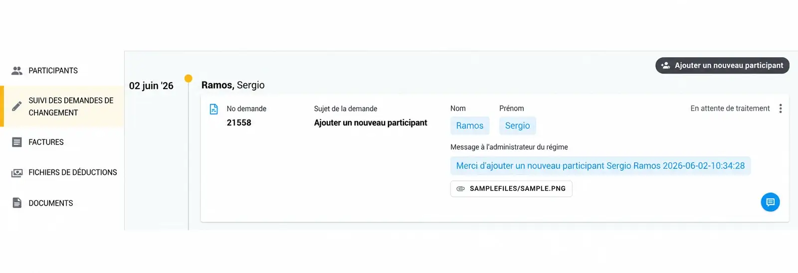 Portail Client — demande de changement en suspens, avec la section Discussions
