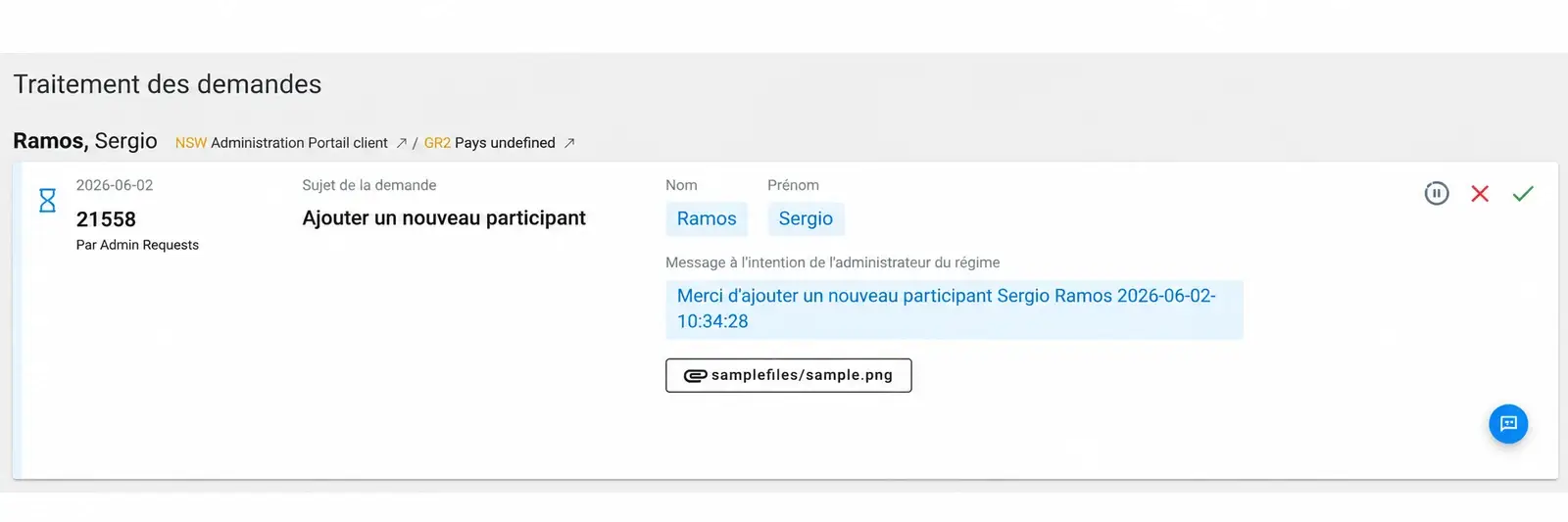 Portail Administrateur — traitement d’une demande de changement en attente, avec les boutons suspendre, refuser et accepter