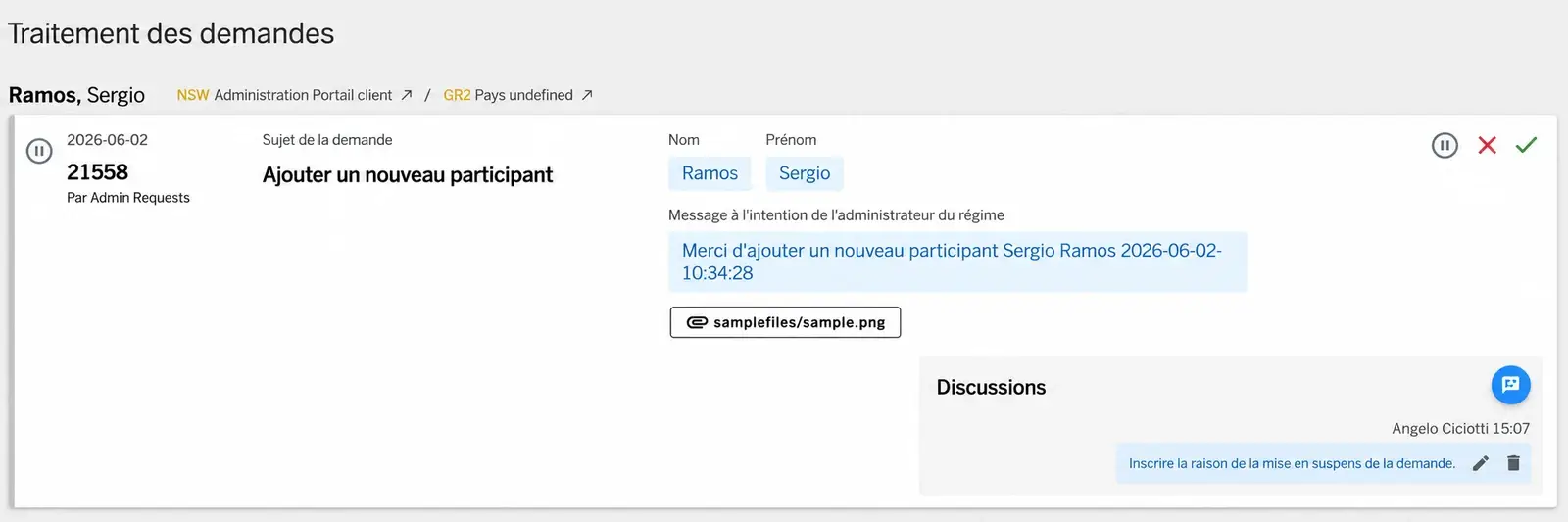 Portail Administrateur — demande de changement en suspens avec le motif dans la section Discussions
